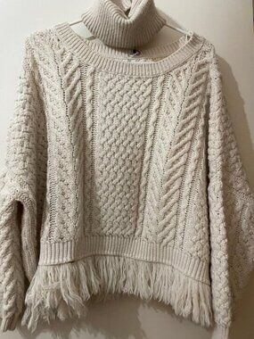 King Kong Cream Cable Knit Fringe Sweater with Neck Piece - M